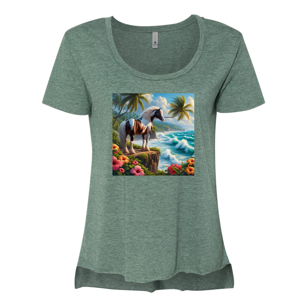 Tropical Red and White Horse Scoop Neck T Shirts