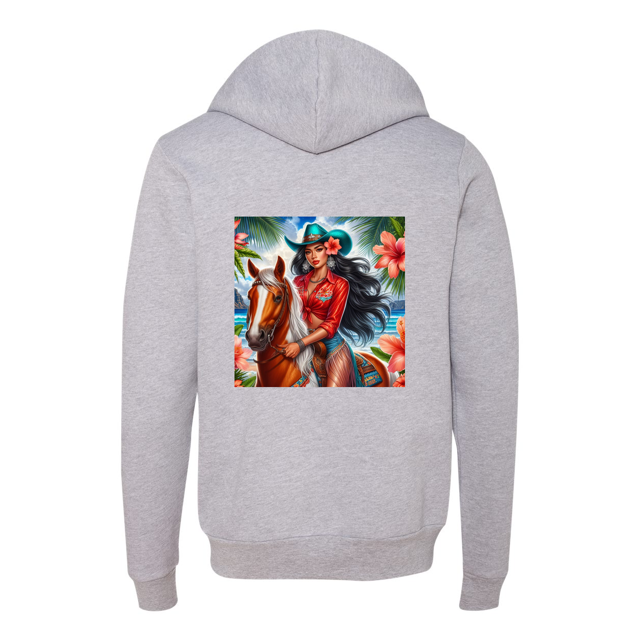 Hawaiian Cowgirl on Horse Zip-Up Front Pocket Hooded Sweatshirts