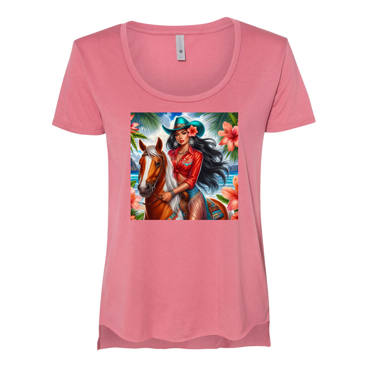 Hawaiian Cowgirl on Horse Scoop Neck T Shirt