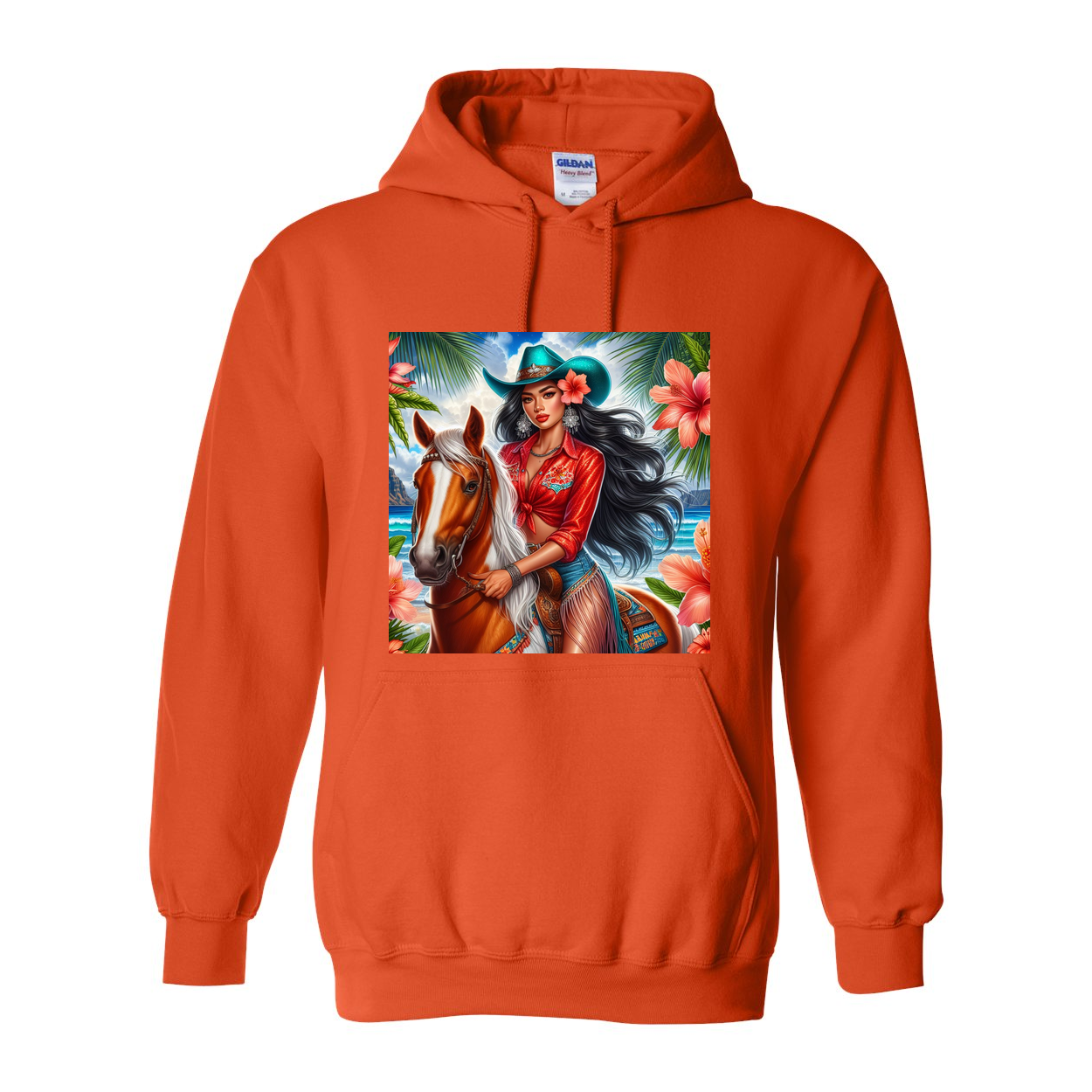 Hawaiian Girl on Horse Pull Over Front Pocket Hoodies