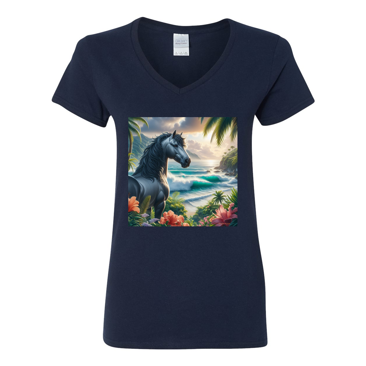 Tropical Grey Stallion Horse V Neck T Shirt