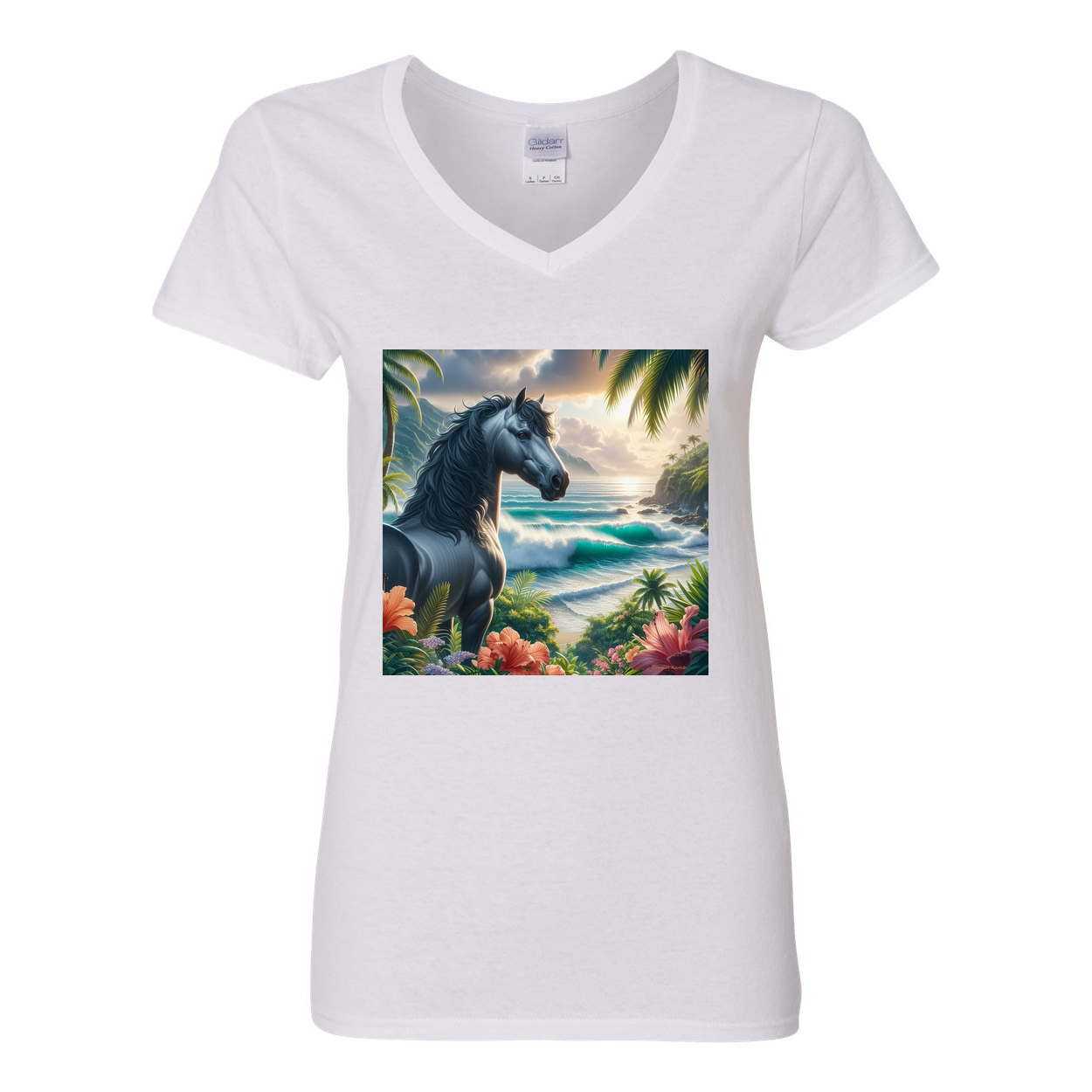 Tropical Grey Stallion Horse V Neck T Shirt