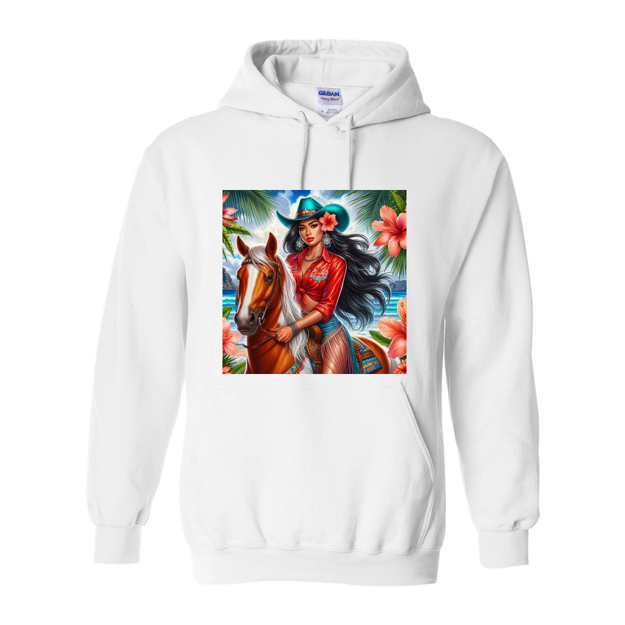 Hawaiian Girl on Horse Pull Over Front Pocket Hoodies