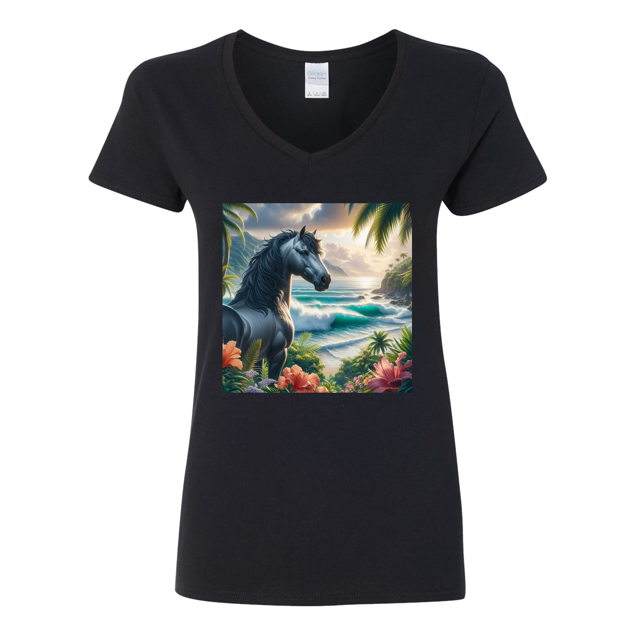 Tropical Grey Stallion Horse V Neck T Shirt