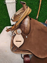 Load image into Gallery viewer, One of a Kind 15&quot;  FQ Bar!  Sunflower Tooled Saddle Genuine Suede Rough out Saddle!
