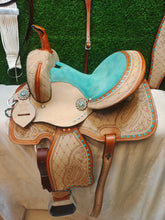 Load image into Gallery viewer, 10&quot; to 18&quot; Seat Feather Saddle with Teal Suede Seat, Buck-Stitch, Crystal Conchos and Matching Bridle Set
