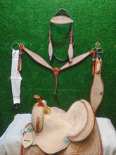 Load image into Gallery viewer, 10&quot; to 18, FQ nd SQ Bars, Feather Saddle with Turquoise Buck-Stitch, Crystal Conchos and Matching Bridle Set
