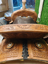 Load image into Gallery viewer, 10&quot; to 18&quot; Sunflower Tooled Solid Seat / Cushions Rough Out Barrel All Around Saddle with Bridle Set
