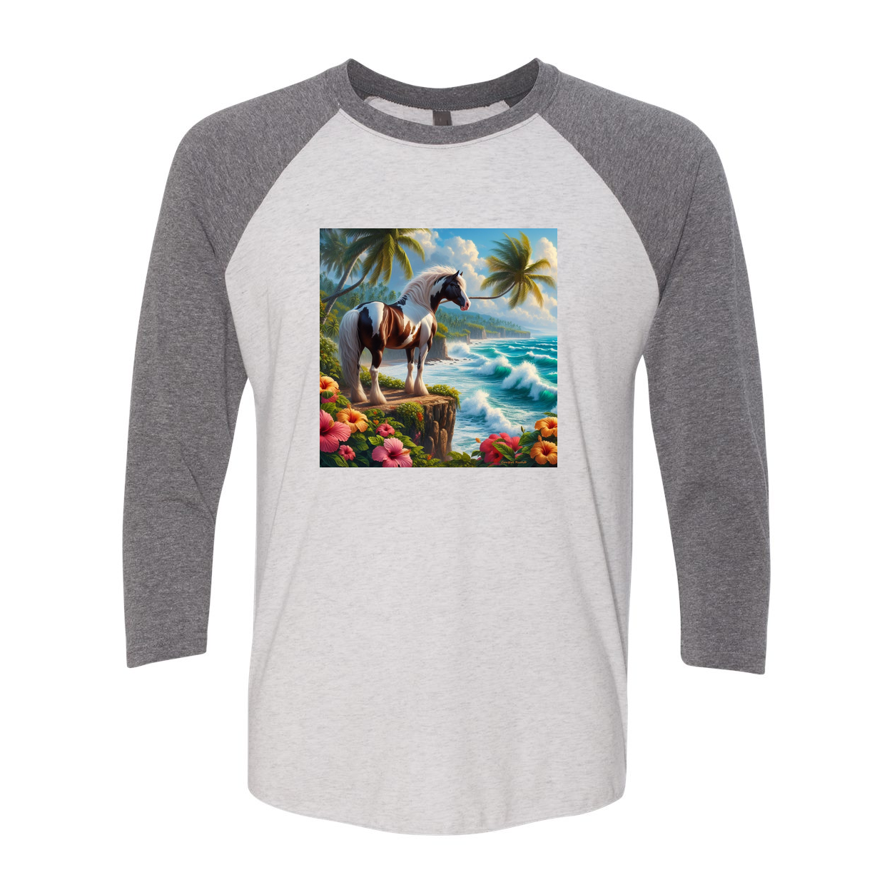 Tropical Red and White Paint Horse 3 4 Sleeve Raglan T shirts