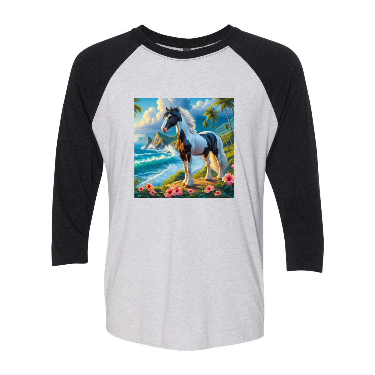 Tropical Black and White Paint Horse 3 4  Sleeve Raglan T Shirts