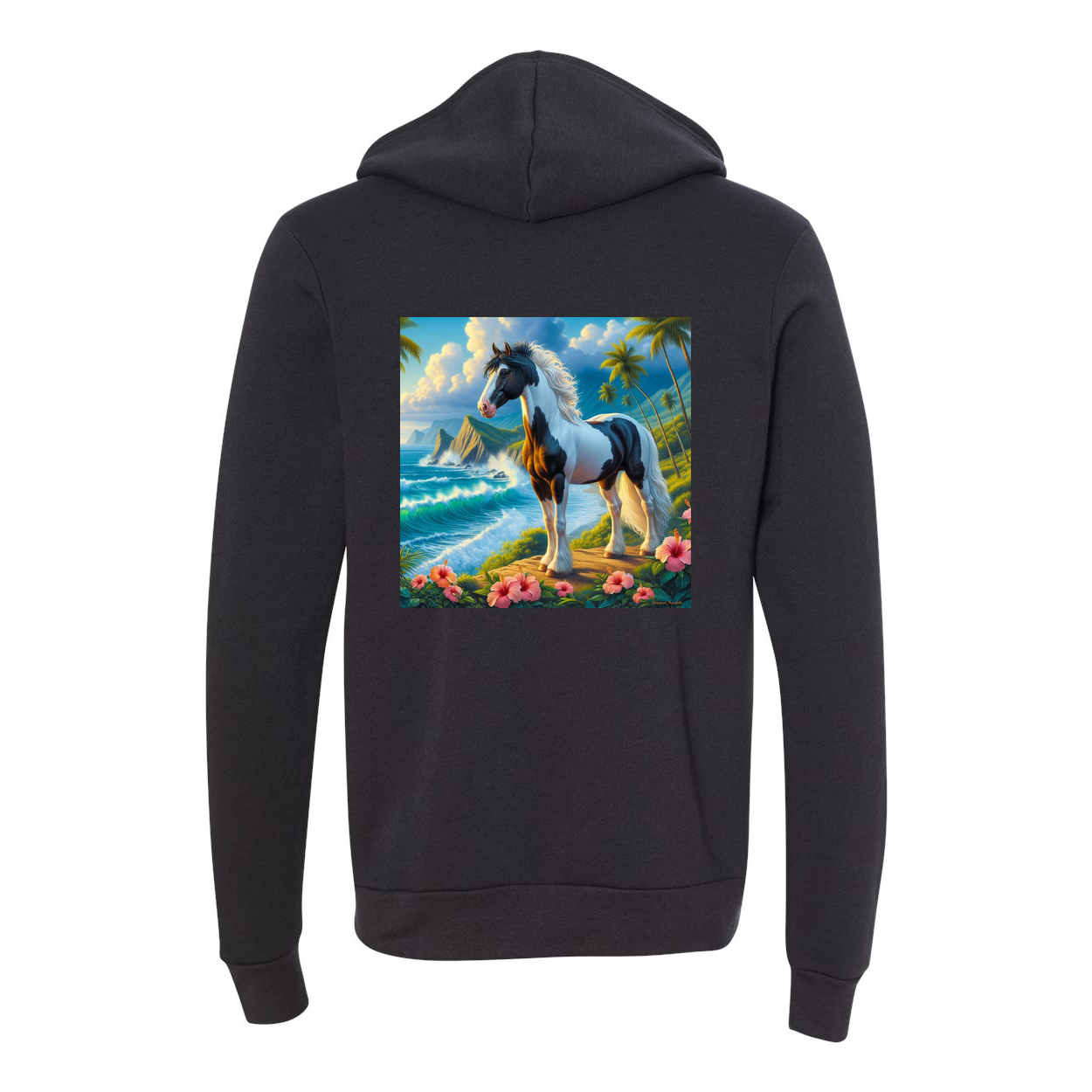 Tropical Black and White Paint Horse Zip-Up Front Pocket Hooded Sweatshirts