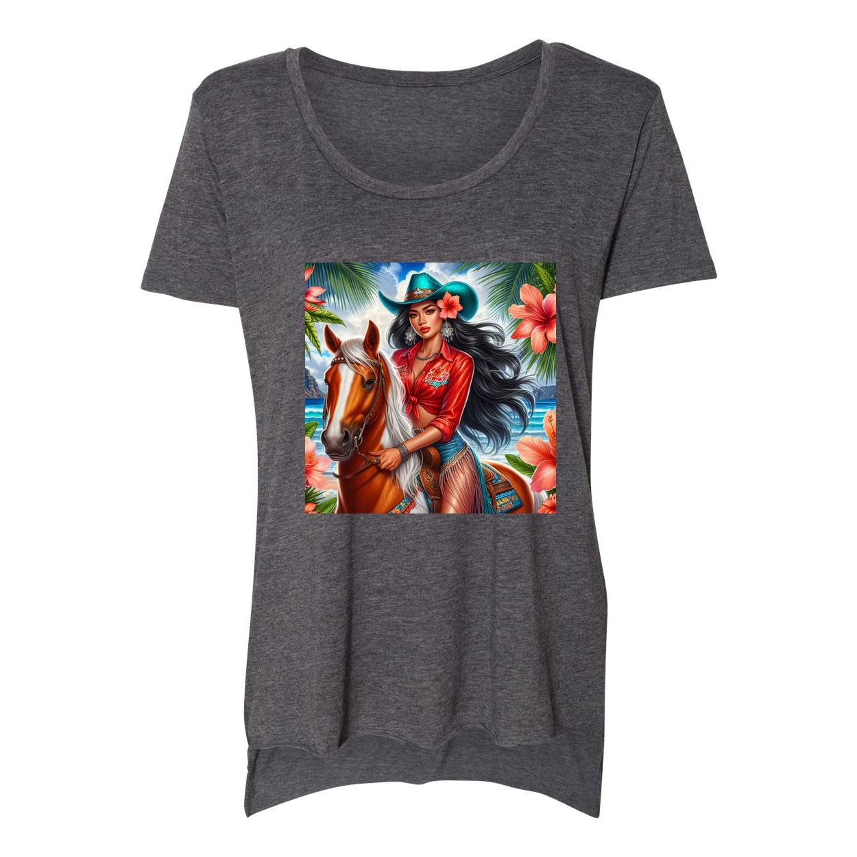 Hawaiian Cowgirl on Horse Scoop Neck T Shirt