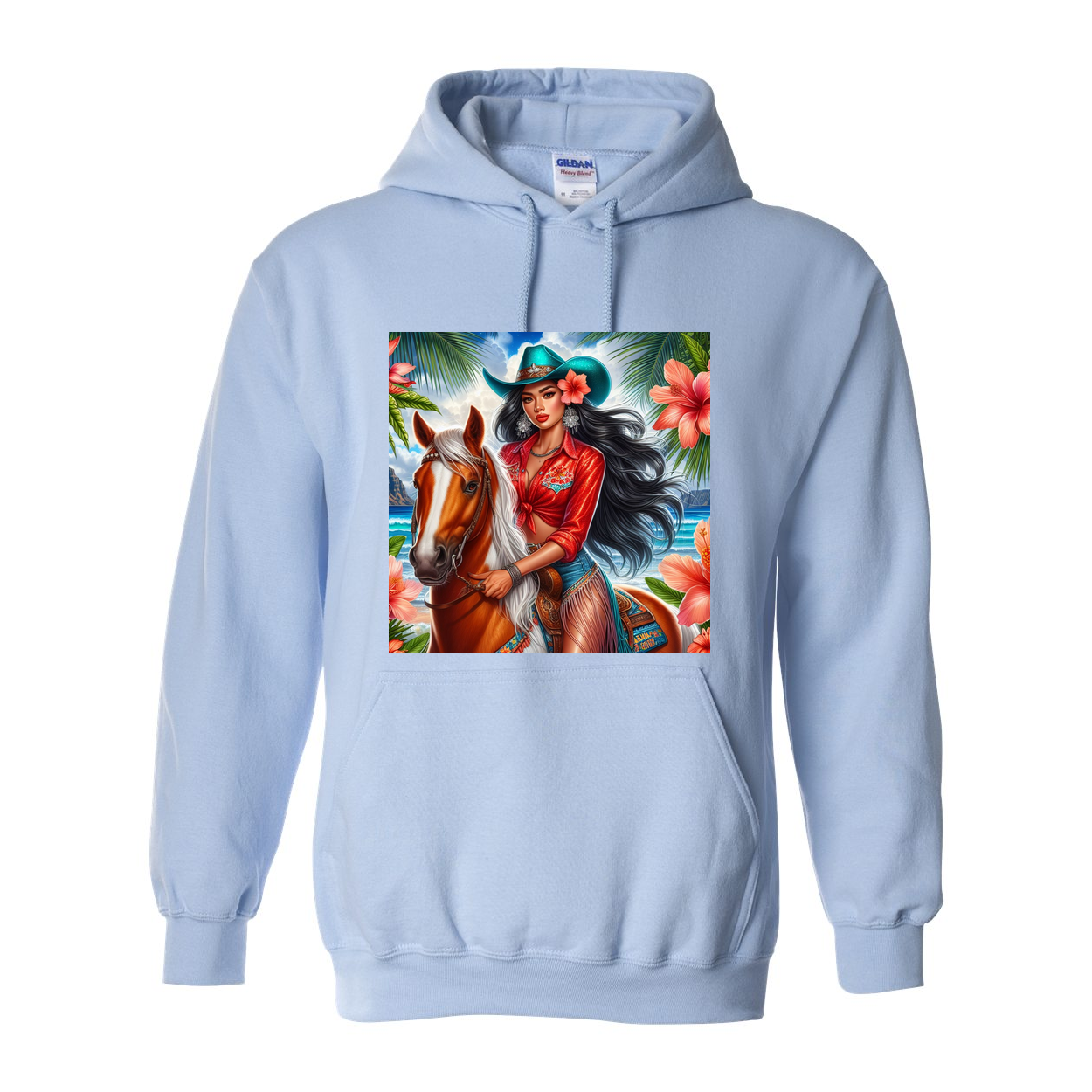 Hawaiian Girl on Horse Pull Over Front Pocket Hoodies