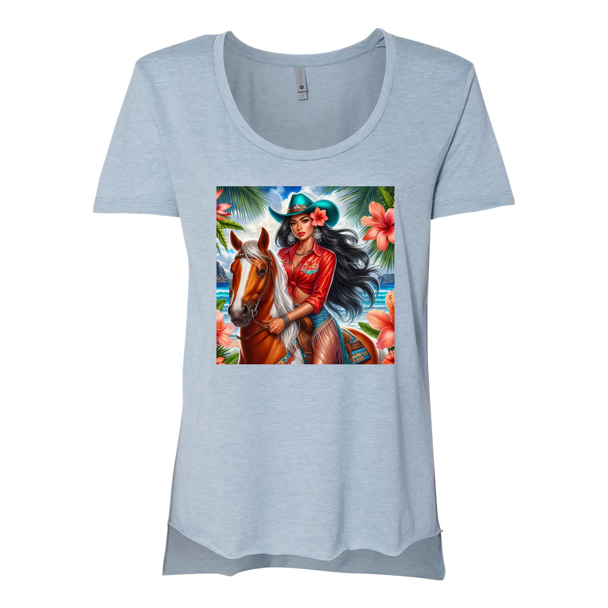 Hawaiian Cowgirl on Horse Scoop Neck T Shirt