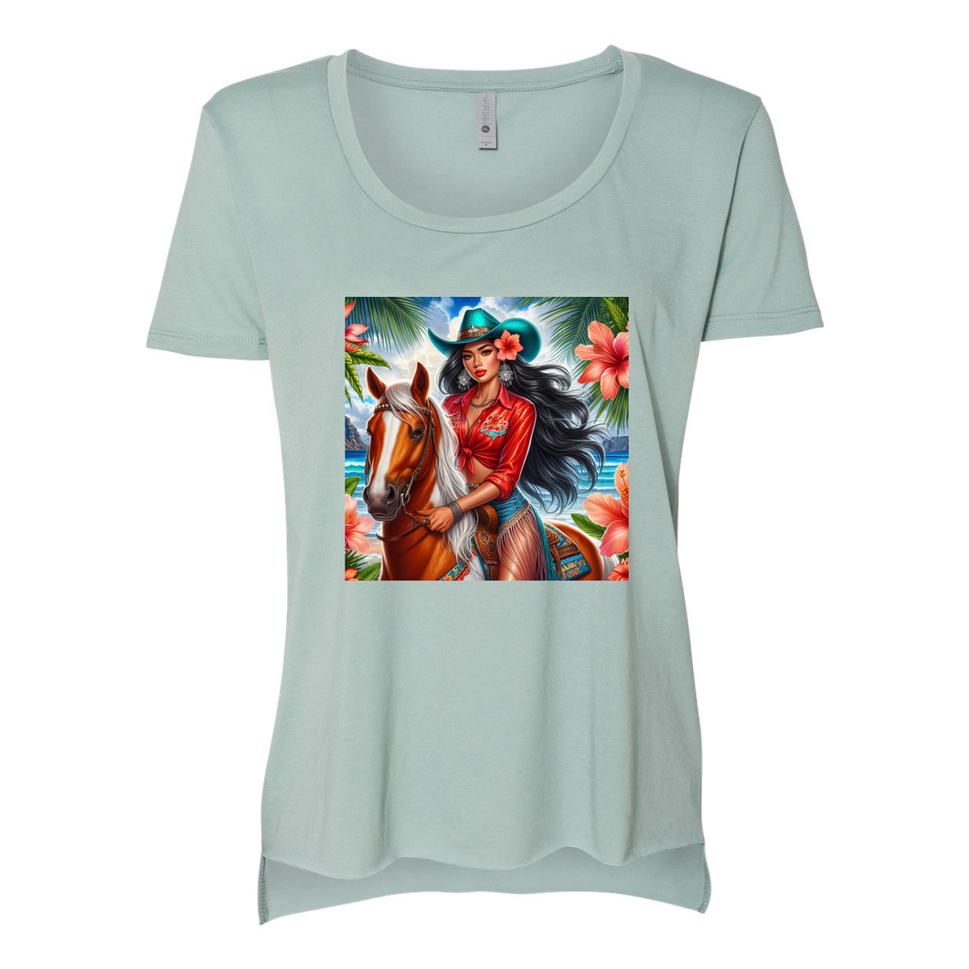 Hawaiian Cowgirl on Horse Scoop Neck T Shirt