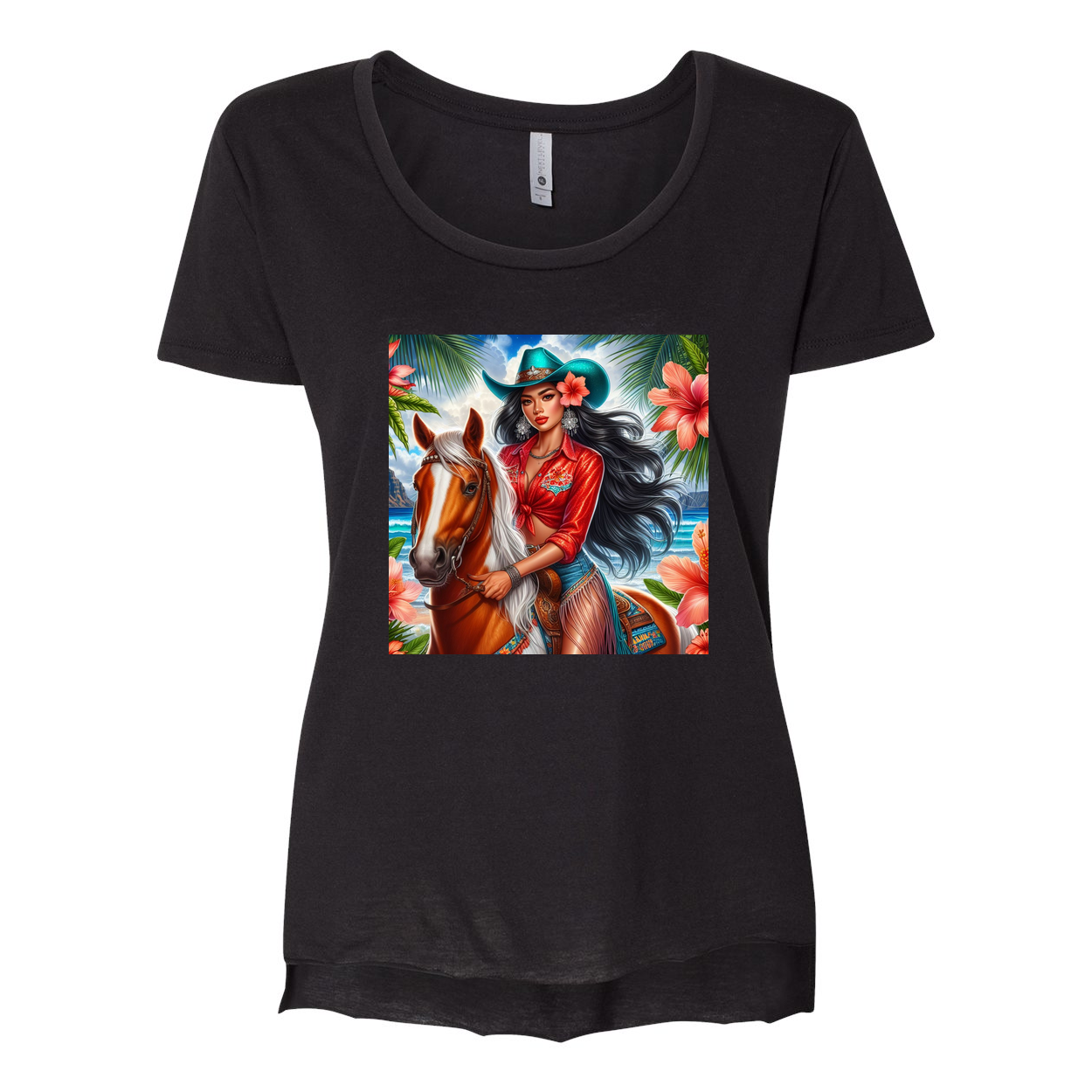 Hawaiian Cowgirl on Horse Scoop Neck T Shirt