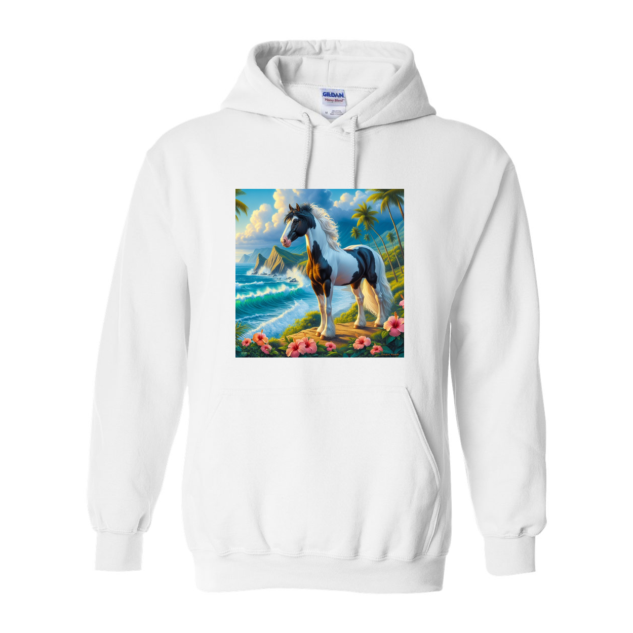 Tropical Black and White Paint Horse Pull over Front Pocket Hoodies
