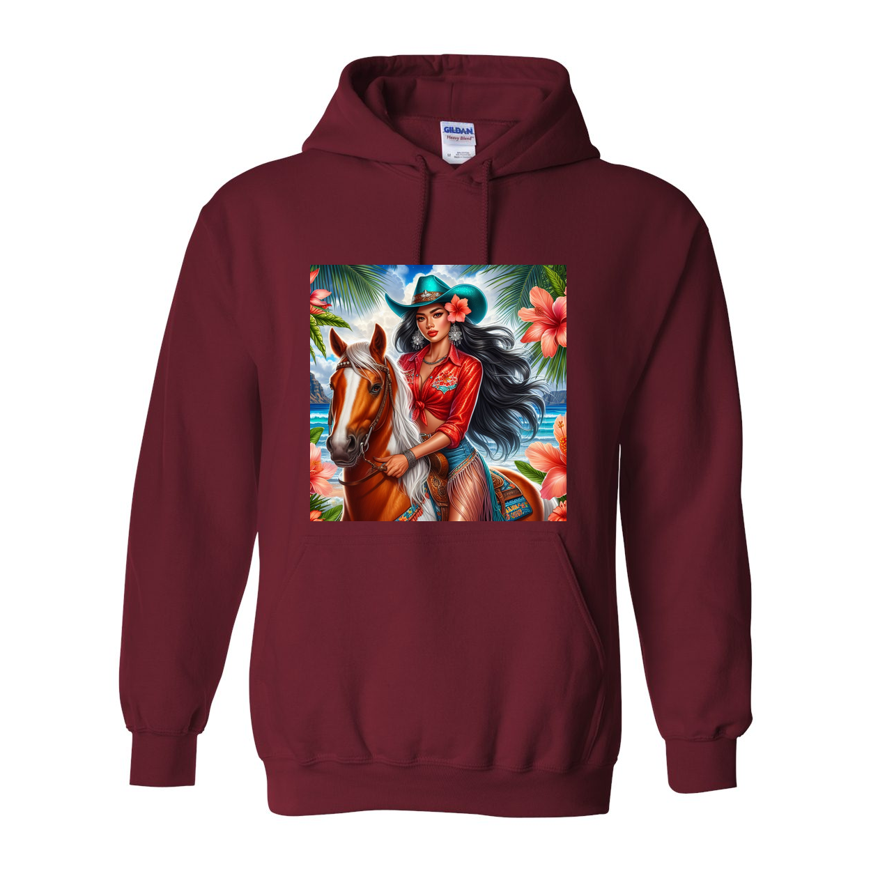 Hawaiian Girl on Horse Pull Over Front Pocket Hoodies