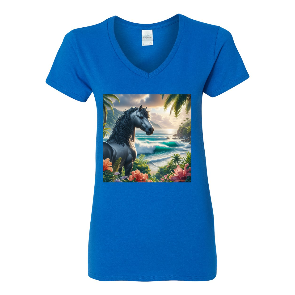 Tropical Grey Stallion Horse V Neck T Shirt