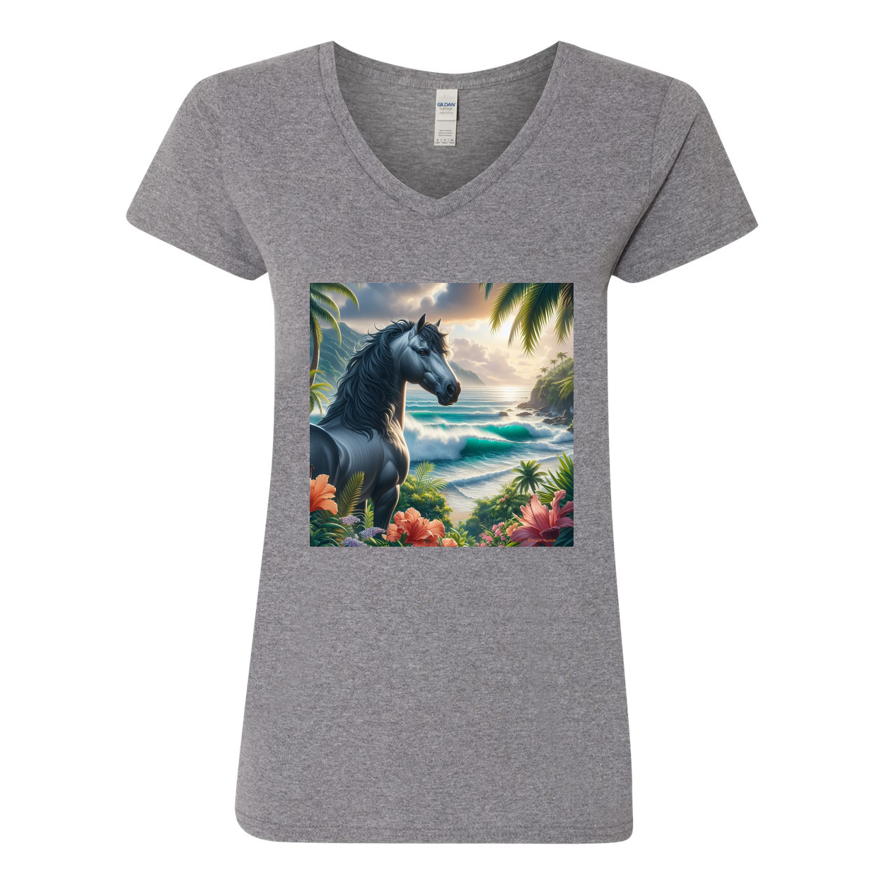 Tropical Grey Stallion Horse V Neck T Shirt