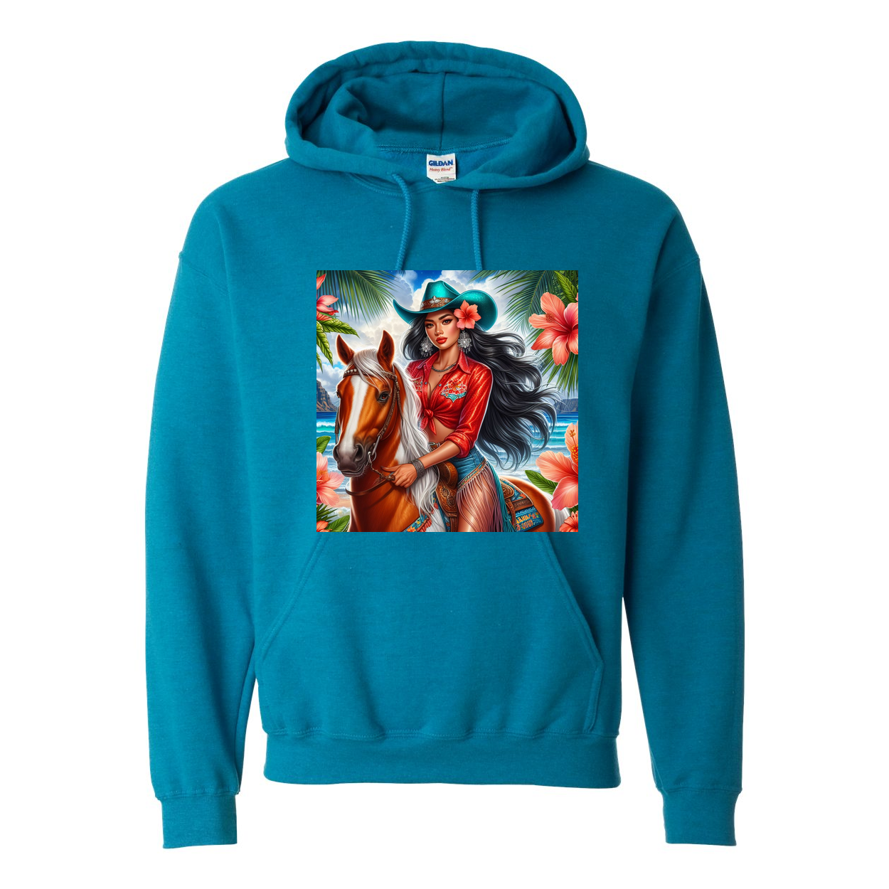 Hawaiian Girl on Horse Pull Over Front Pocket Hoodies