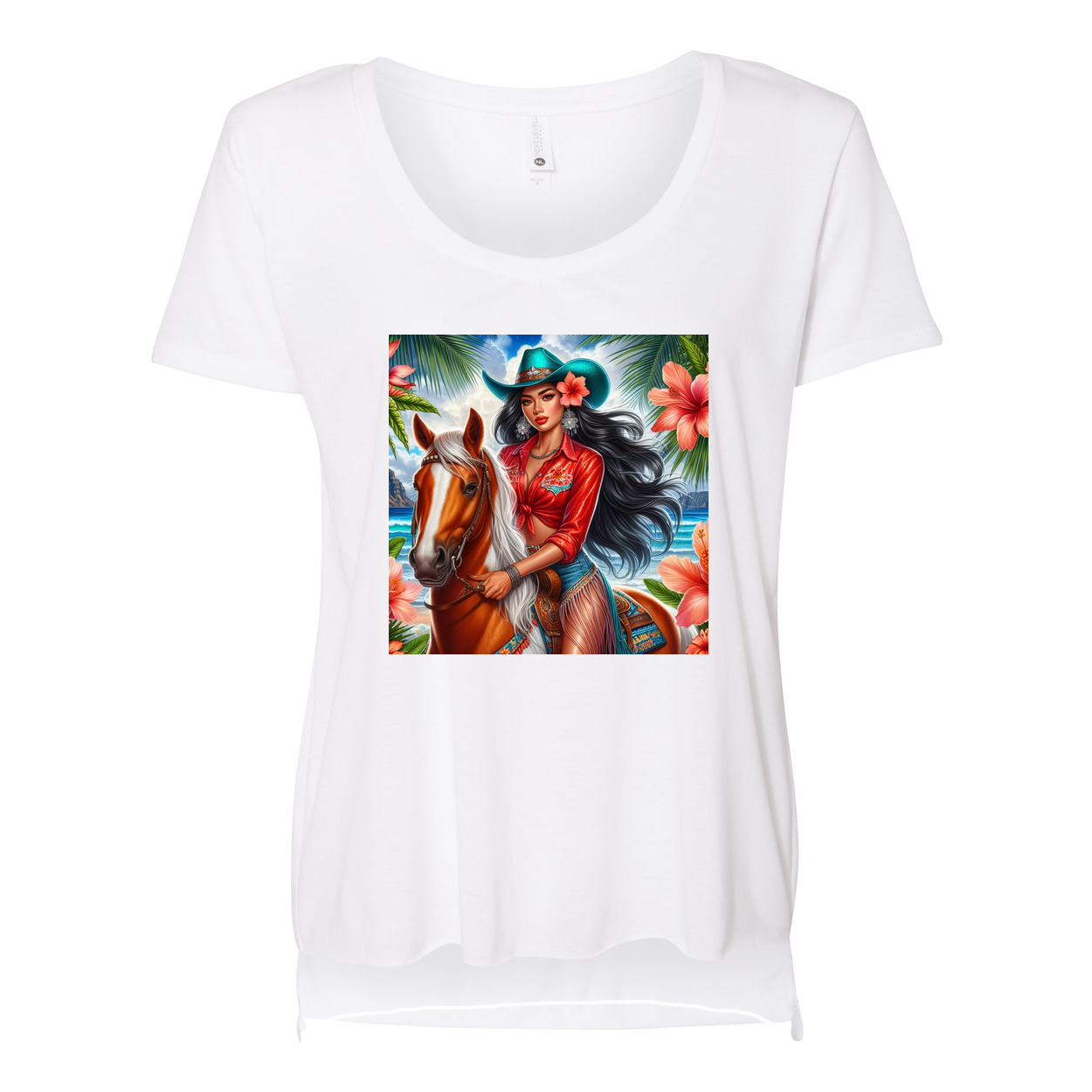 Hawaiian Cowgirl on Horse Scoop Neck T Shirt