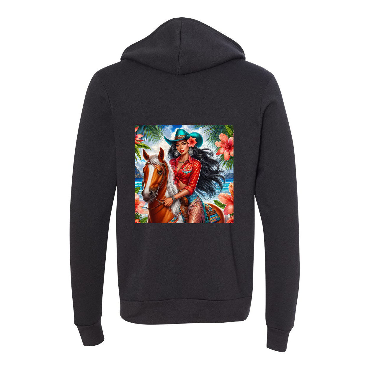 Hawaiian Cowgirl on Horse Zip-Up Front Pocket Hooded Sweatshirts