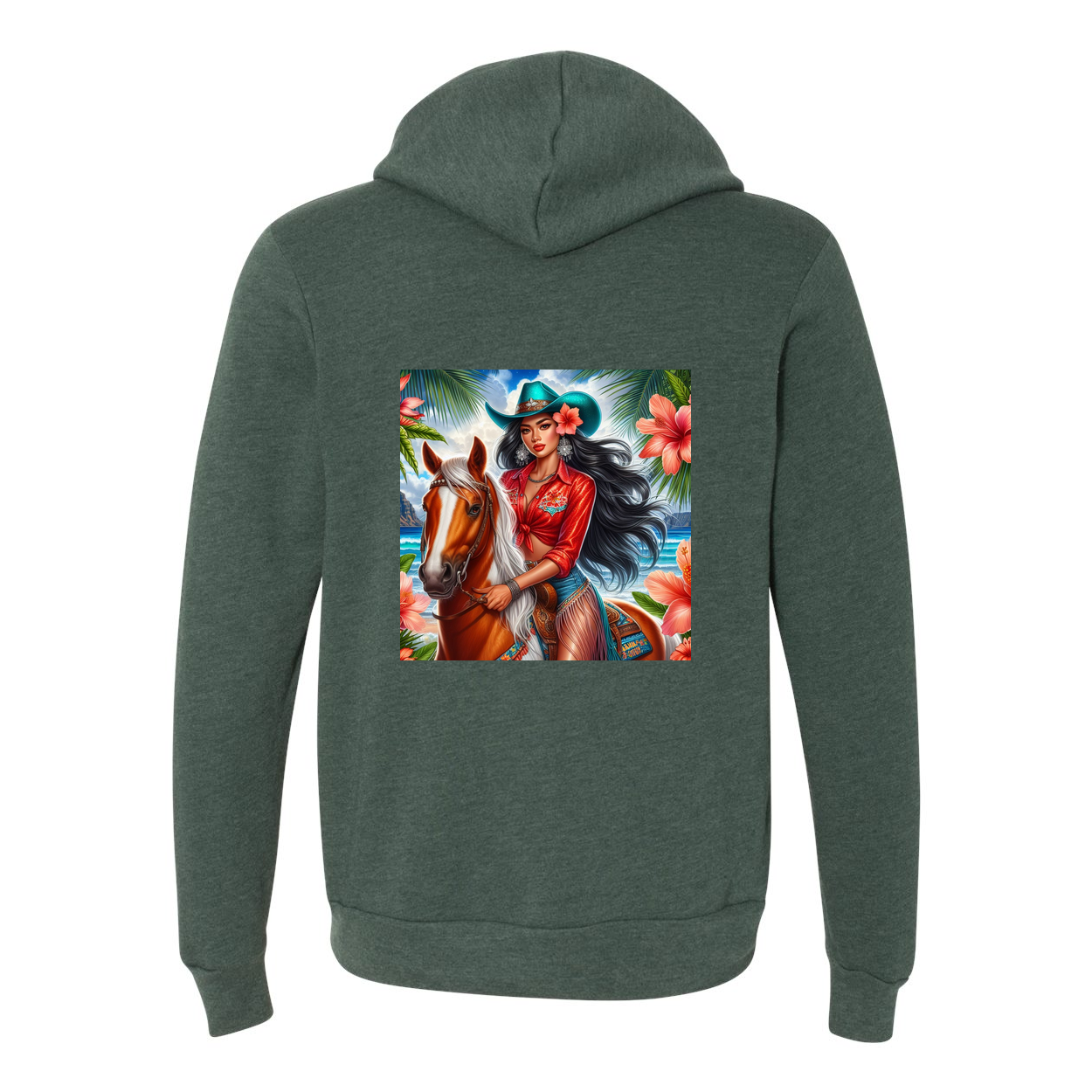 Hawaiian Cowgirl on Horse Zip-Up Front Pocket Hooded Sweatshirts