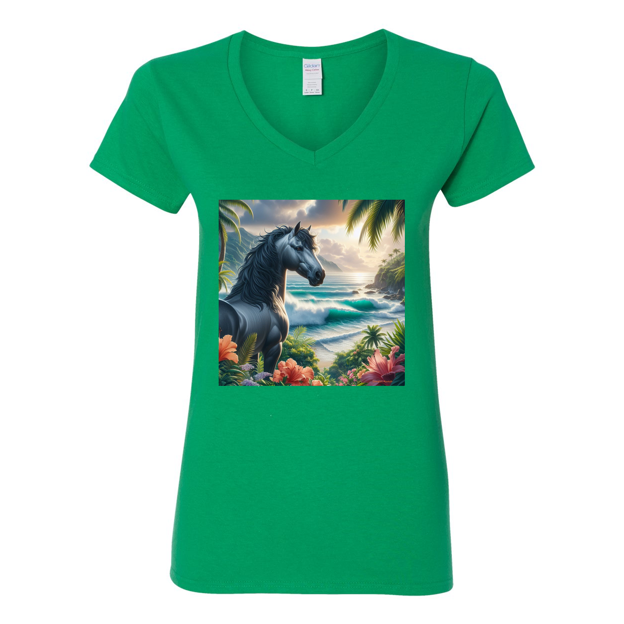 Tropical Grey Stallion Horse V Neck T Shirt