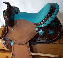 Load image into Gallery viewer, 10&quot; to 18&quot; Choose Purple, Pink or Turquoise Seat and Tropical Flowers Tooled and Painted Barrel Racing / Trail All Around Saddle, Bridle Set Included
