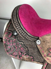 Load image into Gallery viewer, 10&quot; to 18&quot; Pink Suede Seat FQ / SQ Bars Pink Tropical Flower/Basket Weave Tooled Barrel Racing / All Around Trail Saddle
