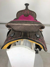 Load image into Gallery viewer, 10&quot; to 18&quot; Pink Suede Seat FQ / SQ Bars Pink Tropical Flower/Basket Weave Tooled Barrel Racing / All Around Trail Saddle

