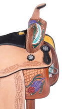 Load image into Gallery viewer, 10&quot; to 18&quot; Seat FQ / SQ Bars Tribal feather Tooled Barrel Racing/ All Around Trail Saddle Includes Bridle Set
