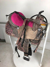Load image into Gallery viewer, 10&quot; to 18&quot; Pink Suede Seat FQ / SQ Bars Pink Tropical Flower/Basket Weave Tooled Barrel Racing / All Around Trail Saddle
