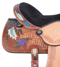 Load image into Gallery viewer, 10&quot; to 18&quot; Seat FQ / SQ Bars Tribal feather Tooled Barrel Racing/ All Around Trail Saddle Includes Bridle Set
