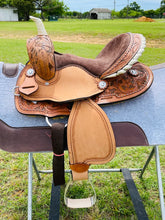 Load image into Gallery viewer, 10&quot; to 18&quot; FQ or SQ Bars Western Tropical Tooled Choice of Color Seat Barrel Racing / Trail Saddle, Includes Bridle Set
