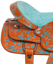 Load image into Gallery viewer, 10&quot; to 18&quot; Turquoise Seat Flower Tooled and Painted Barrel Racing / Trail All Around Saddle
