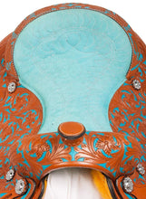 Load image into Gallery viewer, 10&quot; to 18&quot; Turquoise Seat Flower Tooled and Painted Barrel Racing / Trail All Around Saddle
