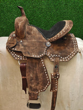 Load image into Gallery viewer, 10&quot; to 18&quot; Roughout Brown Suede Seat White Buck-Stitch Barrel Racing / Trail All Around Saddle, Bridle Set Included
