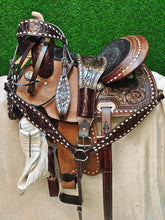 Load image into Gallery viewer, 10&quot; to 18&quot; Dark FQ/ SQ Dark Leather, Rough Out Seat, White Buck Stitch Barrel Racing / Trail Saddle, Includes Bridle set
