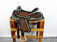 Load image into Gallery viewer, 10&quot; to 18&quot; FQ and SQ Bar Pink Diamond Flower Barrel Racing / Trail Saddle, Includes Bridle Set
