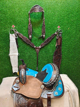 Load image into Gallery viewer, 10&quot; to 18&quot; Seat Turquoise Croc and Black Suede Seat Roughout Barrel Racing / Trail All Around Saddle, Bridle Set Included
