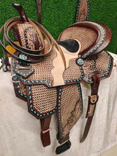 Load image into Gallery viewer, 10&quot; to 18&quot; Seat Basket Weave and Floral Tooled Turquoise Crystal Conchos Barrel Racing / Trail Saddle FQ / SQ Bars, Bridle Set Included
