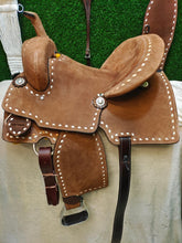 Load image into Gallery viewer, 10&quot; to 18&quot; FQ or SQ Bar Roughout White Buck-Stitch Barrel Racer / Trail All Around Saddle
