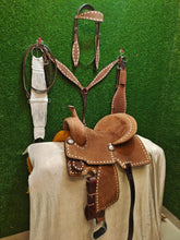 Load image into Gallery viewer, 10&quot; to 18&quot; FQ or SQ Bar Roughout White Buck-Stitch Barrel Racer / Trail All Around Saddle
