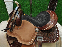 Load image into Gallery viewer, 10&quot; to 18&quot; Dark FQ/ SQ Dark Leather, Rough Out Seat, White Buck Stitch Barrel Racing / Trail Saddle, Includes Bridle set
