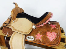 Load image into Gallery viewer, 10&quot; to 18&quot; FQ / SQ Bars Stars and Heart Inlaid Croc, Choose Color, Tooled Barrel Racing / Trail Saddle, Bridle Set
